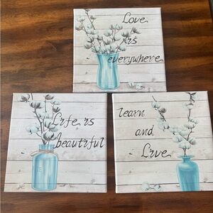 Set of Three Inspirational Canvas Art with Blue Vases